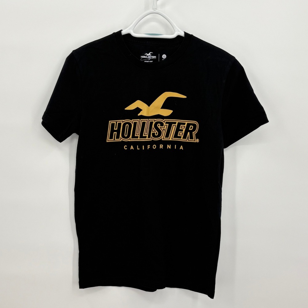 Hollister Sport Knit Graphic Tee Black Gold Logo California XS Short‎ Sleeve